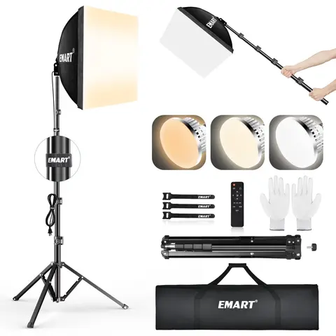 EMART Softbox Lighting Kit 16x16in 3000-6500K Adjustable for Shooting 85W LED Bulbs with Remote 65" Tripod Professional Softbox Photography Lighting Kit for Studio Portrait Video Recording
