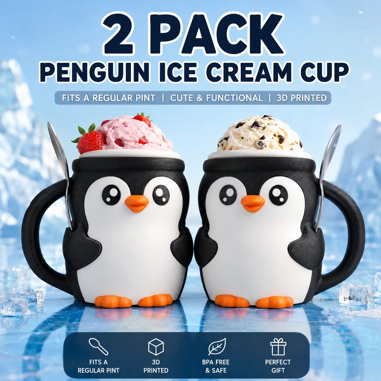 2 Pack Penguin Ice Cream Cups – Adorable 3D Printed Pint Holders, Fun Dessert Bowls with Spoon Slots, Perfect Gift for Family & Friends