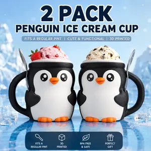 2 Pack Penguin Ice Cream Cups – Adorable 3D Printed Pint Holders, Fun Dessert Bowls with Spoon Slots, Perfect Gift for Family & Friends