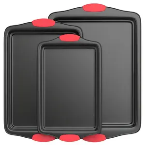 3-Piece Non-Stick Baking Tray Set, Silicone Handle, Heat Resistant, Easy Clean, Ideal for Cookies, Cakes, Bread, Kitchen Bakeware
