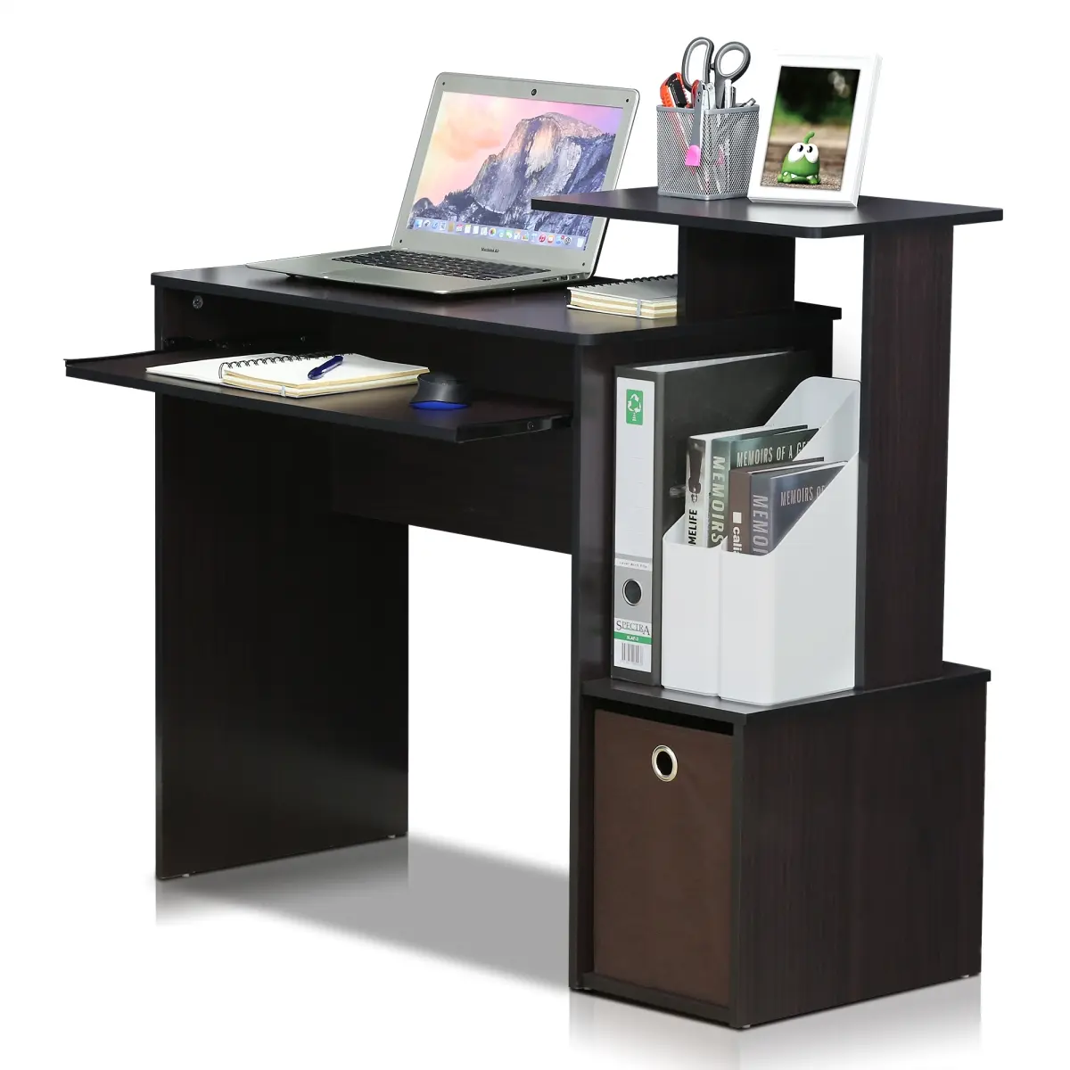 Furinno 12095DWN Econ Sturdy Computer Desk - Dark Walnut Home Office Desk, Multipurpose Wood Workstation with Bin for Home Office Use, Home Office Desks, Dark Walnut Desk