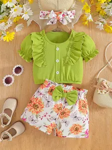 Girls' Summer Set, Sunflower Two Piece Set, Green Pit Texture Short Sleeve+Sunflower Butterfly Printed Shorts, Paired with Same Color Bow Waist Accessory, Baby Girl Birthday Gift, Matching Accessories