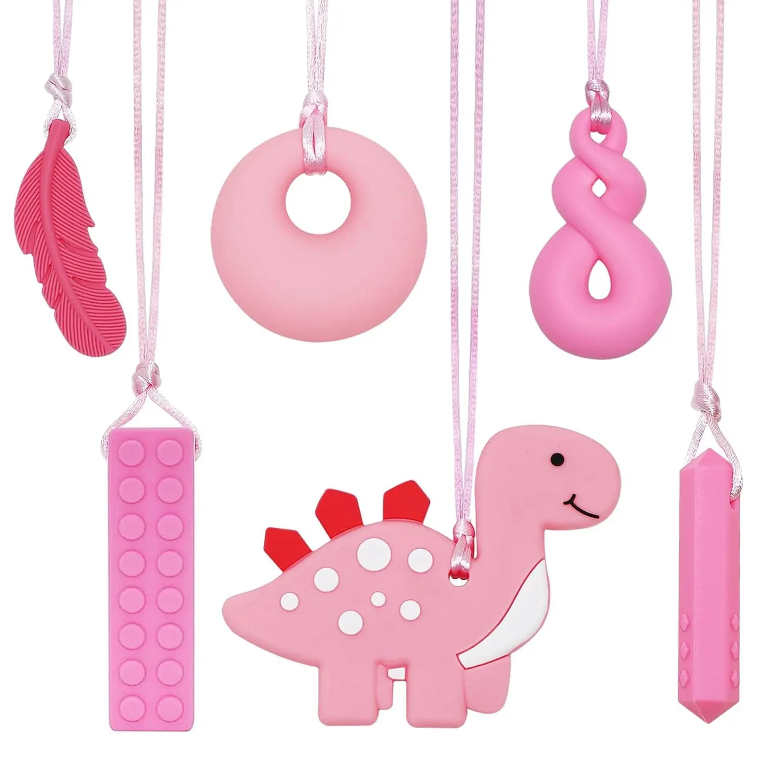 X FNE54 Chew Necklace for Sensory Kids Girls and Adults, 5 Pack Sensory Necklace for Autistic Children or Adults with ADHD, SPD, Anxiety, Silicone Pink Dinosaur Stim Toy - BPA Free