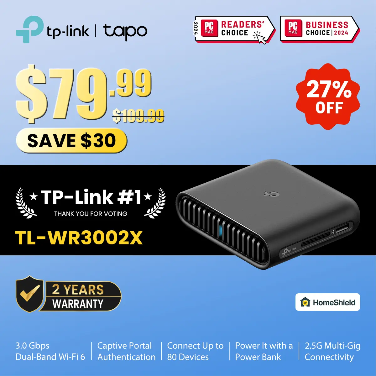 TP-Link Dual-Band Wi-Fi 6 AX3000 Travel Gaming Router (TL-WR3002X) - Portable, High Speed WiFi (2402 Mbps), 2.5G Multi-Gig Connectivity, 1x 2.5 Gbps WAN Port, 1x Gigabit LAN Port, Multi-Modes (Modem, Network Adapter, Repeater Extender), Ax3000 Wifi