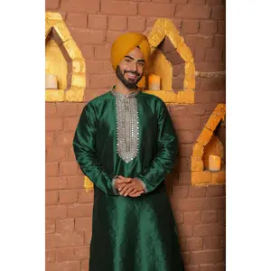 Men Green kurta embroidered neckline | Perfect for cultural and special occasions