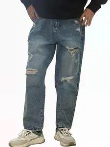 WIRDATRD Men's Irregular Ripped Harem Denim Pants Casual Streetwear Jeans with Pockets Trendy Menswear Outfit for Daily Wear Spring Fall