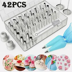 42Pcs/Set Icing Piping Nozzles Pastry Tips Birthday Cake Baking Decor Tool Kit with Clear Storage Box for Creative Cake Decorating