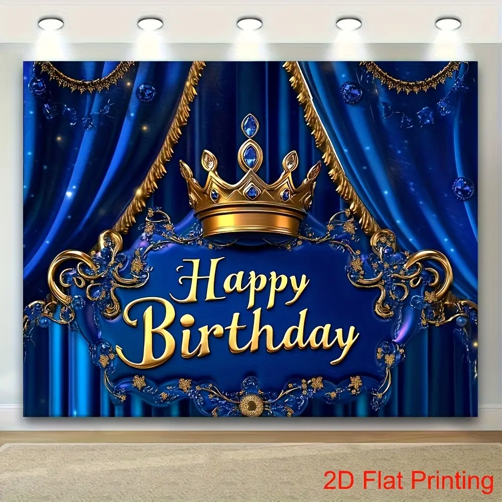 Elegant Royal Blue & Gold Crown Birthday Backdrop - Premium 100% Polyester, Soft, Fade-Resistant Photography Banner with Crystals & "Happy Birthday" Text - Ideal for Parties, Photo Booths, Weddings, Party