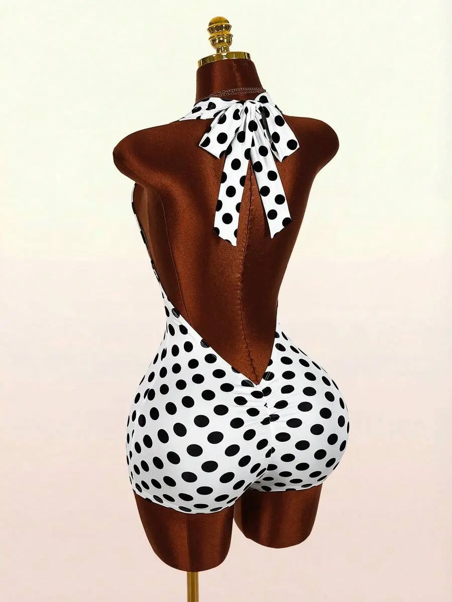 Yellow & Black Polka Dot Halter Tie Backless Jumpsuit for Y2K Retro Night Out and Trendy Vacation Outfits High Search