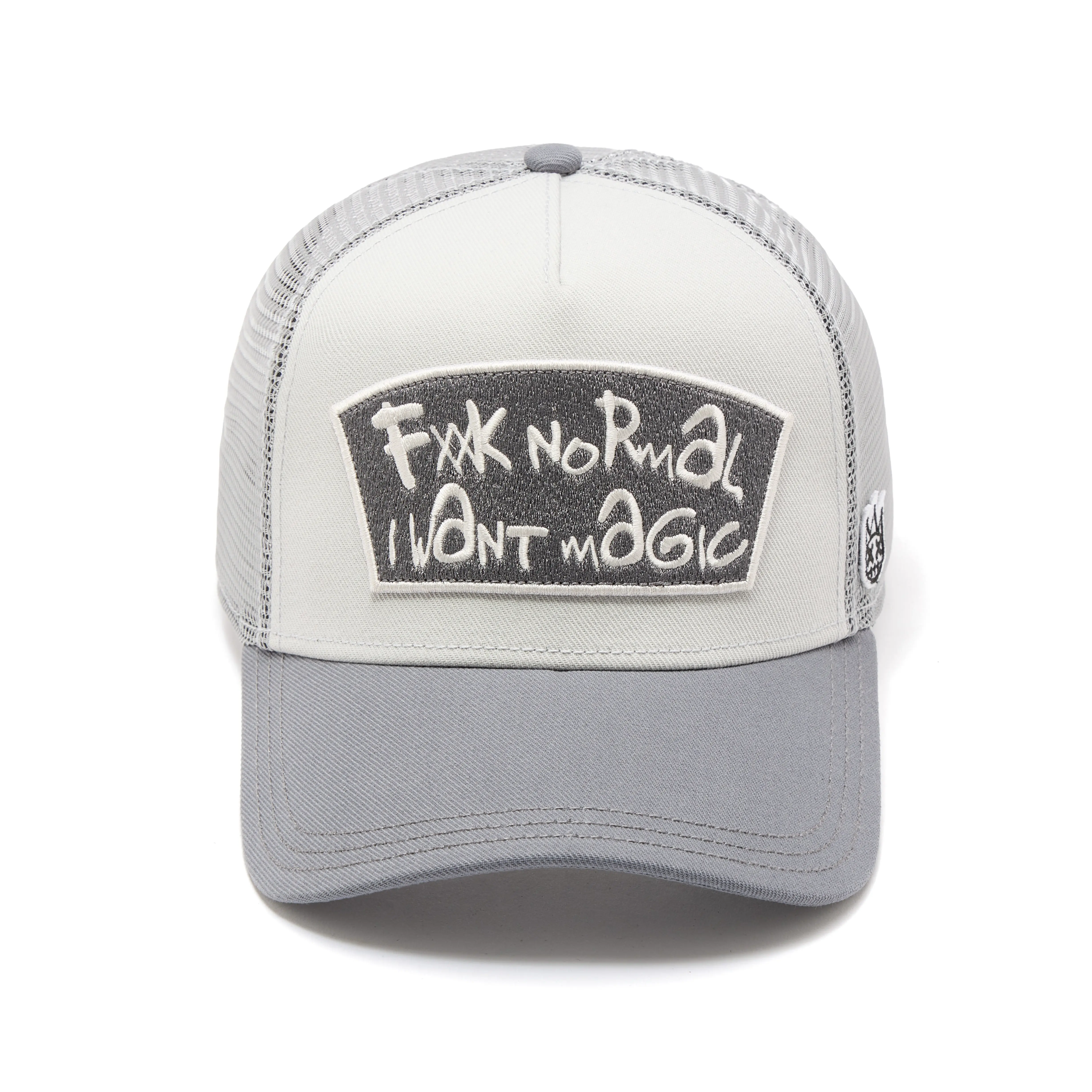 Cult's Mesh Back Trucker Hat "Fxxk Normal, I Want Magic" In Cool Grey