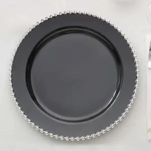 10-Pack Plastic Round Dinner Plates 10" Black with Silver Beaded Rim - Disposable Party Plates