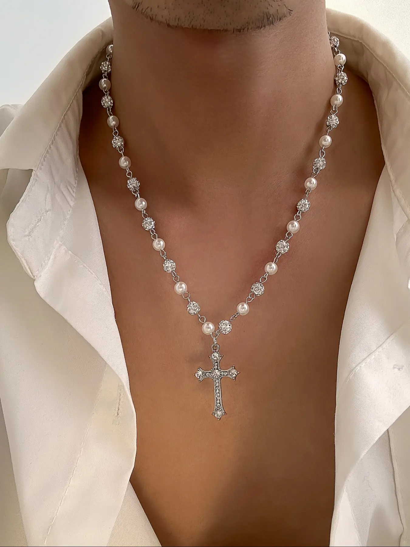 Elegant Rhinestone Cross Pendant Necklace, Acrylic Bead Pearl Bend Needle Chain, Gothic Style Party Jewelry, Versatile Statement Piece, Religious Jewelry, Faith Necklace