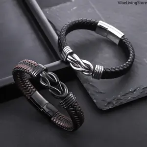 Men's Leather Infinity Knot Bracelet, Braided Black Brown Leather with Magnetic Clasp, Classic Fashion Jewelry for Daily Wear Parties Gifts