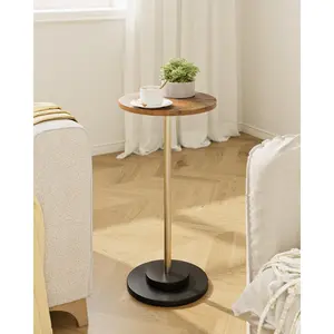 Drink Table, Round Side Table for Small Spaces, Pedestal Small End Table with Metal Base, for Living Room, Bedroom, Bathroom, Rustic Brown