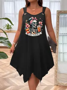 【Plus Size】 Floral Skull Print Tank Dress A-line Dress for Summer, Women's Plus Clothing for Daily Wear, Halloween, Casual Boho Elegant