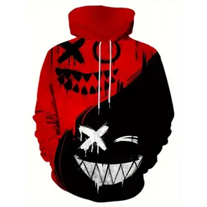 Monster Faces Print Contrast Colors Stitching Hoodie - Men's Casual Graphic Design Pullover Hooded Sweatshirt with Kangaroo Pocket for Spring & Fall Tops Sleeve Fabric Menswear Collar Polyester Stretch Operator Knife