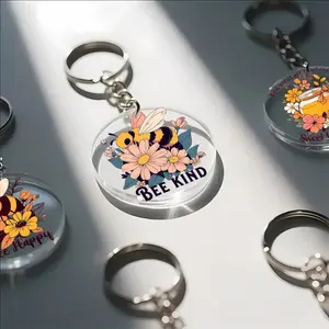 50pcs 1.97x1.97inch Acrylic Round Keychain Pendants - Bee Kind Floral Design with Bees, Daisies & Sunflowers, Inspirational Keychain Charms for School, Car Keys, Party Favors, Bulk Gifts for Friends, Classmates, Colleagues, School Accessori