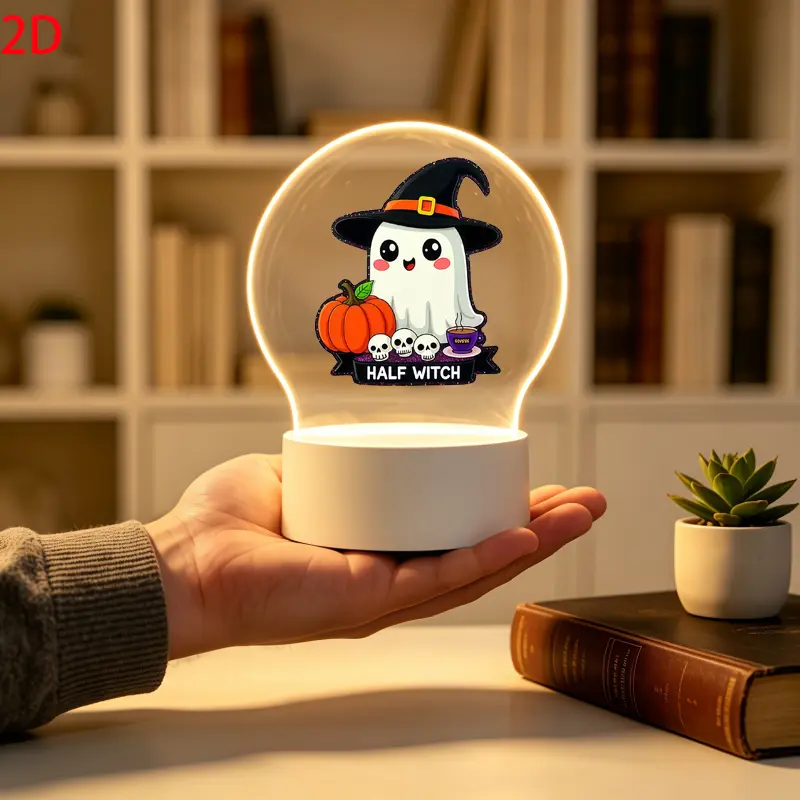 Cute Ghost HALF WITCH 2D Acrylic Nightlight, Halloween Pumpkin Skull Pattern LED Desk Lamp, Warm Light Bedroom Decor Lamp, Halloween Holiday Present for Women Men