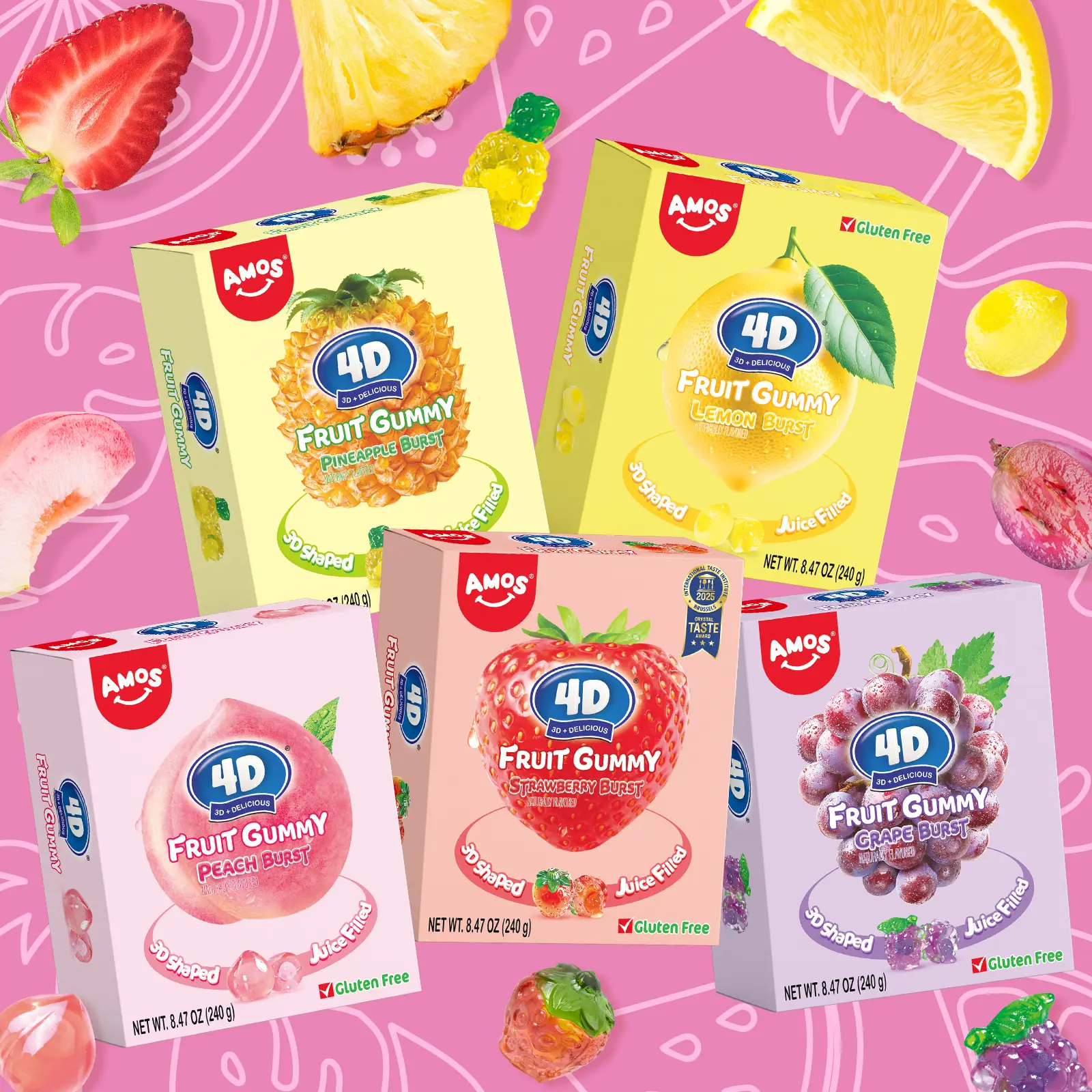 AMOS 4D Fruit Burst Gummies - Sweet & Chewy Bonbons - 240g Big Fun Pack - Strawberry Pineapple Lemon Peach & Grape - Gluten Free - 3D Heart Shape - Re
