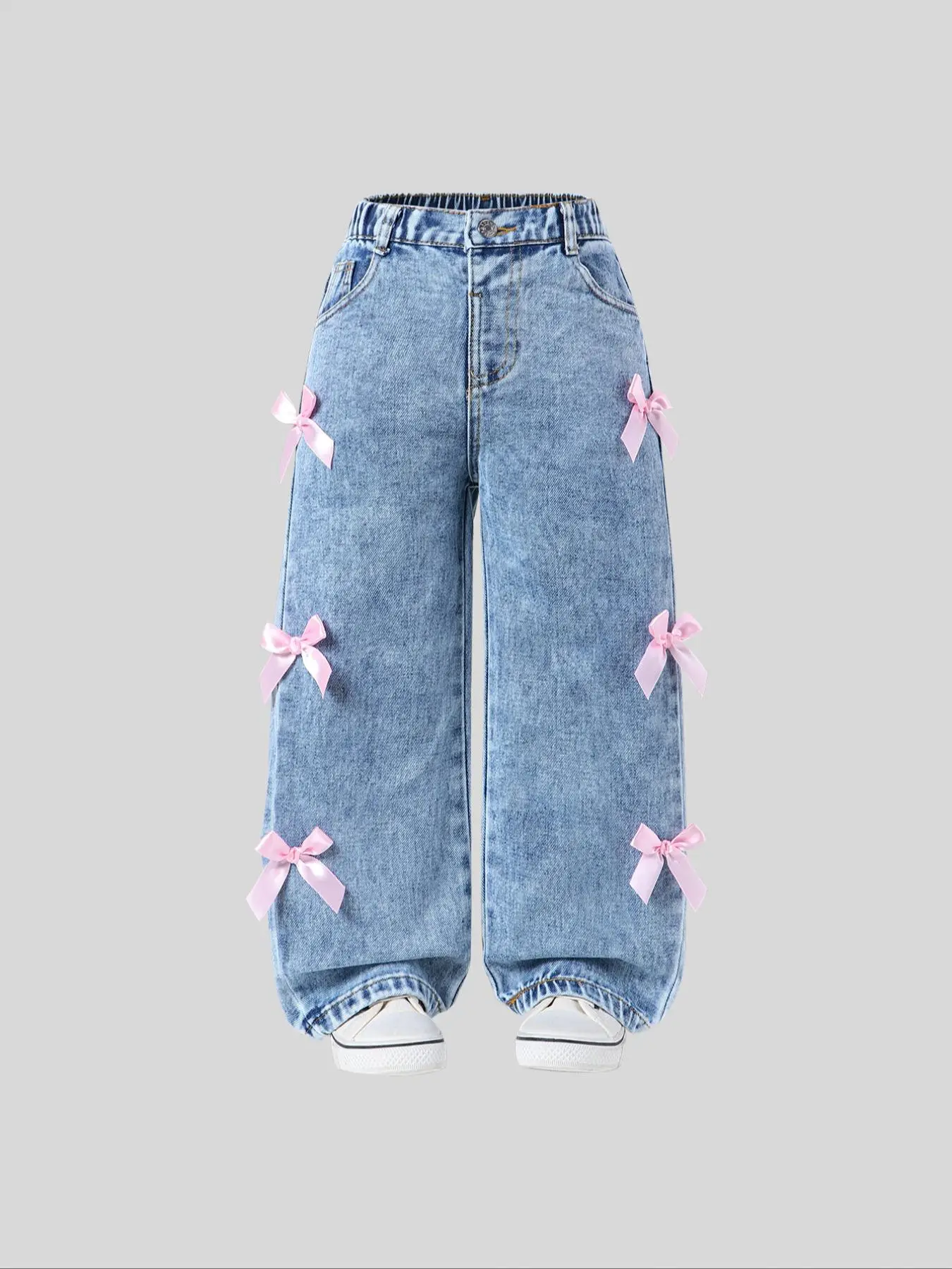 Toddler Girl's Denim Bow Decor Jeans, Cute Comfy Trousers for Daily Wear, Kids Bottoms for All Seasons