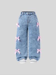 toddler girl's denim bow decor jeans, cute comfy trousers for daily wear, kids bottoms for all seasons, casual comfy jeans