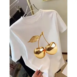 Elegant Cherry Print Women's Cotton T-Shirt with Short Sleeves and Breathable Fabric for Casual Chic and Comfortable Wear