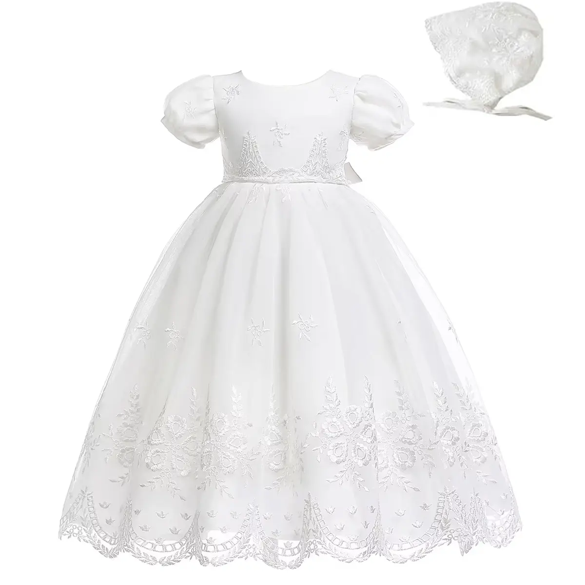 Baby Girls Lace Embroidery Maix Dresses Christening Baptism Gowns Outfit with Bonnet Wedding Birthday Party Formal Dress Infant Toddler Special Occasion Dress