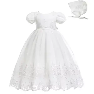 Baby Girls Lace Embroidery Maix Dresses Christening Baptism Gowns Outfit with Bonnet Wedding Birthday Party Formal Dress Infant Toddler Special Occasion Dress