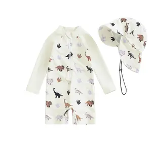 Toddler Baby Boys Rash Guard Swimsuit Set Whale Print Long Sleeve Zipper Swimwear Infant Casual Bathing Suit with Sun Hat