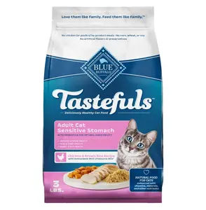 Blue Buffalo Tastefuls Natural Dry Food for Adult Cats, Sensitive Stomach, Chicken & Brown Rice Recipe, 3-lb. Resealable Bag