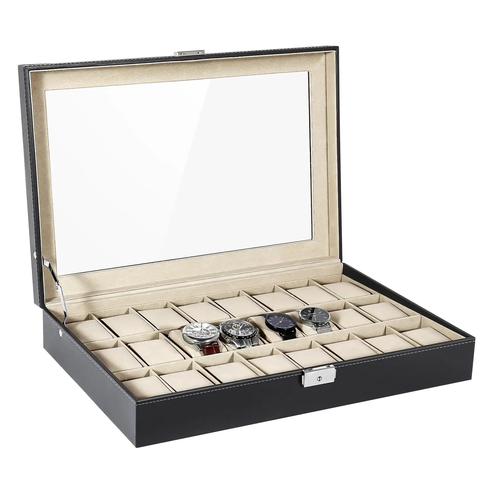 24-Slot PU Leather Watch Box, Fashionable Storage Organizer for Wristwatches with Glass Top and Removable Pillows, Fashionable Watch Accessories, Watchbox, Wristwatch Storage