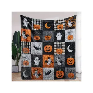 Cozy Halloween Quilt Blanket with Spooky Pumpkins, Cute Ghosts, Bats & Moon Patchwork Design