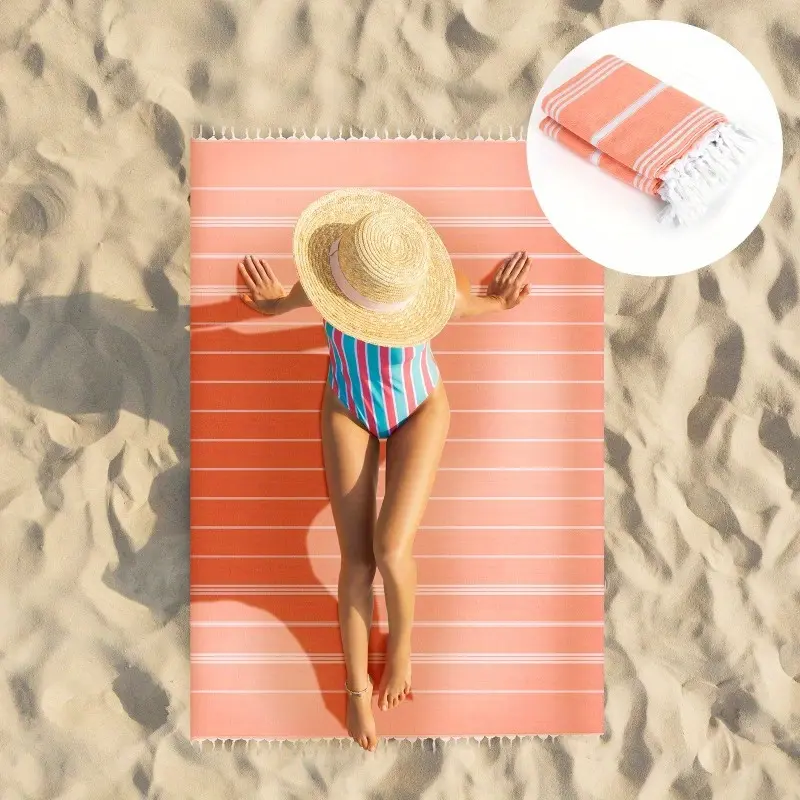 Unisex Cotton Oversized Light Orange Striped Beach Towel Set (2-Pack, 90x63in) - Extra Large, Soft Absorbent, Quick-Dry, Breathable, Chemical-Free, Fade Resistant for Home Bathroom, Pool Use, Soft Absorbent Towel