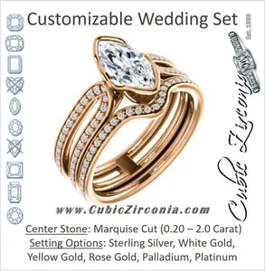CZ Wedding Set, featuring The Mariela engagement ring (Customizable Cathedral-Bezel Marquise Cut Style with Wide Straight Split-Pavé Band)