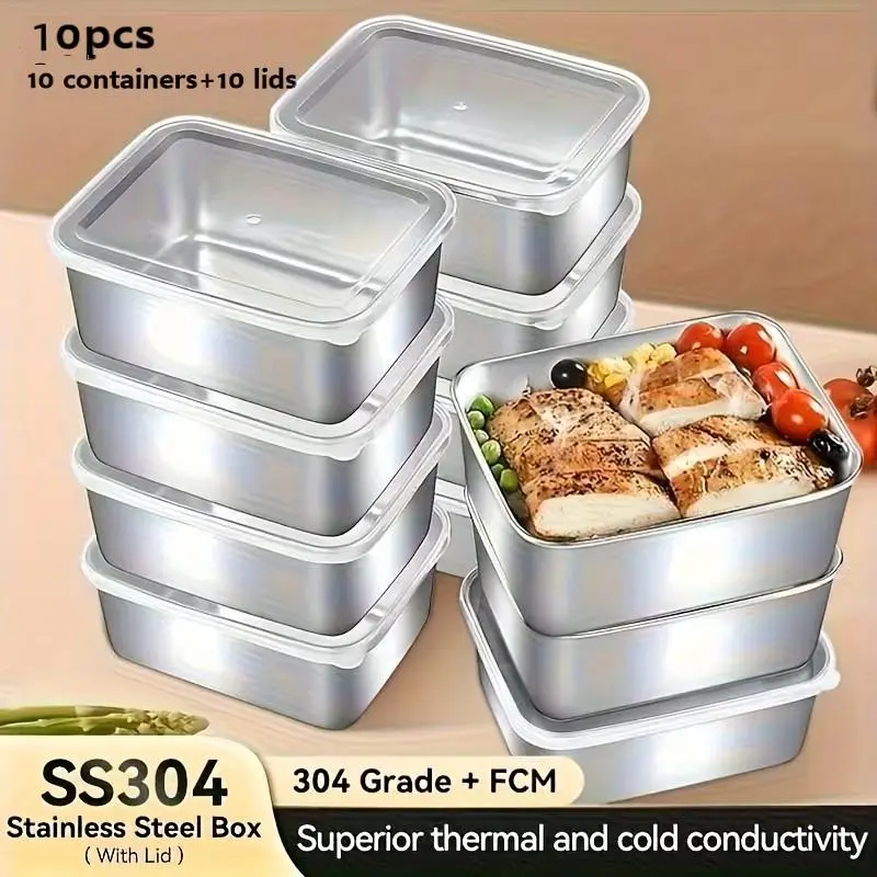10-Piece Stainless Steel Kitchen Food Storage Containers, Airtight Leak-Proof Stackable Reusable Easy-Clean Utensils for Refrigerator, Meal Prep, Portable Lunch Boxes,sohochic