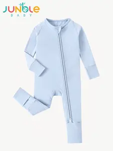 JUNBLEBABY Cotton Fiber Baby Zipper Long-Sleeved Shirt in Sky Blue Solid Color with Double Zippers & Reversible Foot Covers Soft Breathable Fabric One-Piece Crawling Suit