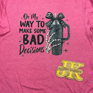 On My Way to Make Bad Decisions Halloween Tumbler Trendy Tee Womenswear Tshirt Pink Color with Skeleton Design