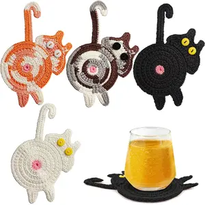 4 count Drink Coasters Cute  Design Coaster Funny Crochet Mug Coaster, Absorbent Hand Woven Drink Mat for Decoration, Lovers Gifts for Women Drink Cup Non-Slip Heat-Resistant (4Pcs)