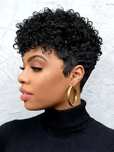 pixie wig short curly human hair wig machine made natural black  pixie cut human hair wigs for women daily party cosplay gift use Curly Bob Wig Kinky Curly Wig