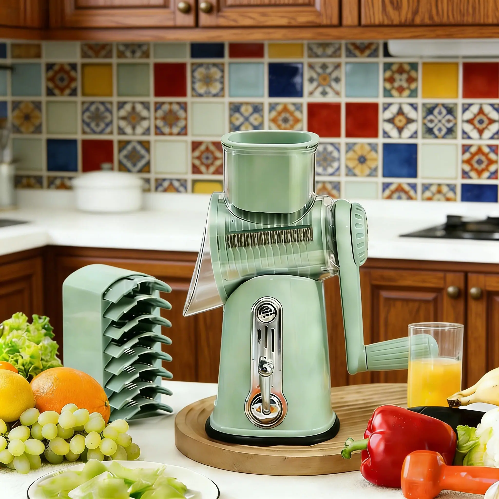 Durable Veggie Chopper - Smooth Rotary Kitchen Tool with 5 Blades, Suction Cup Base, Handle, Bonus Blade Organizer, Efficient Slicing & Chopping, Easy Storage for Veggies, Cheese