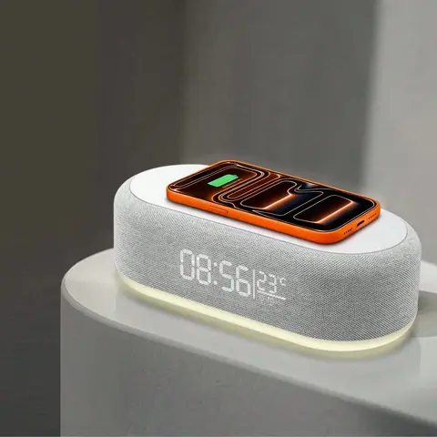 Alarm Clock Wireless Charging Station, 15W Fast Wireless Phone Charger for iPhone Duo 18 17 16 15 Samsung, Digital LED Bedside Clock with Night Light & Temperature Display, Bedside Charging Clock for Bedroom Nightstand