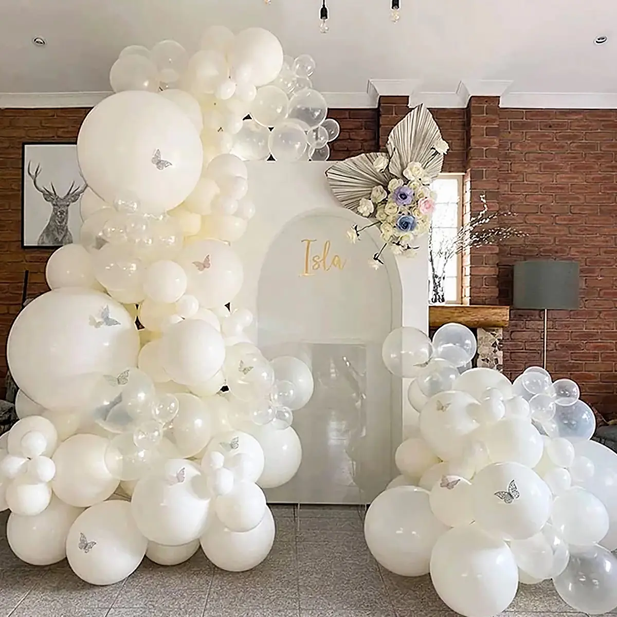 106 pcs matte white and matte clear butterfly balloon garlands, perfect for decorating weddings, engagement parties, children’s birthday parties, and baby full-moon celebrations