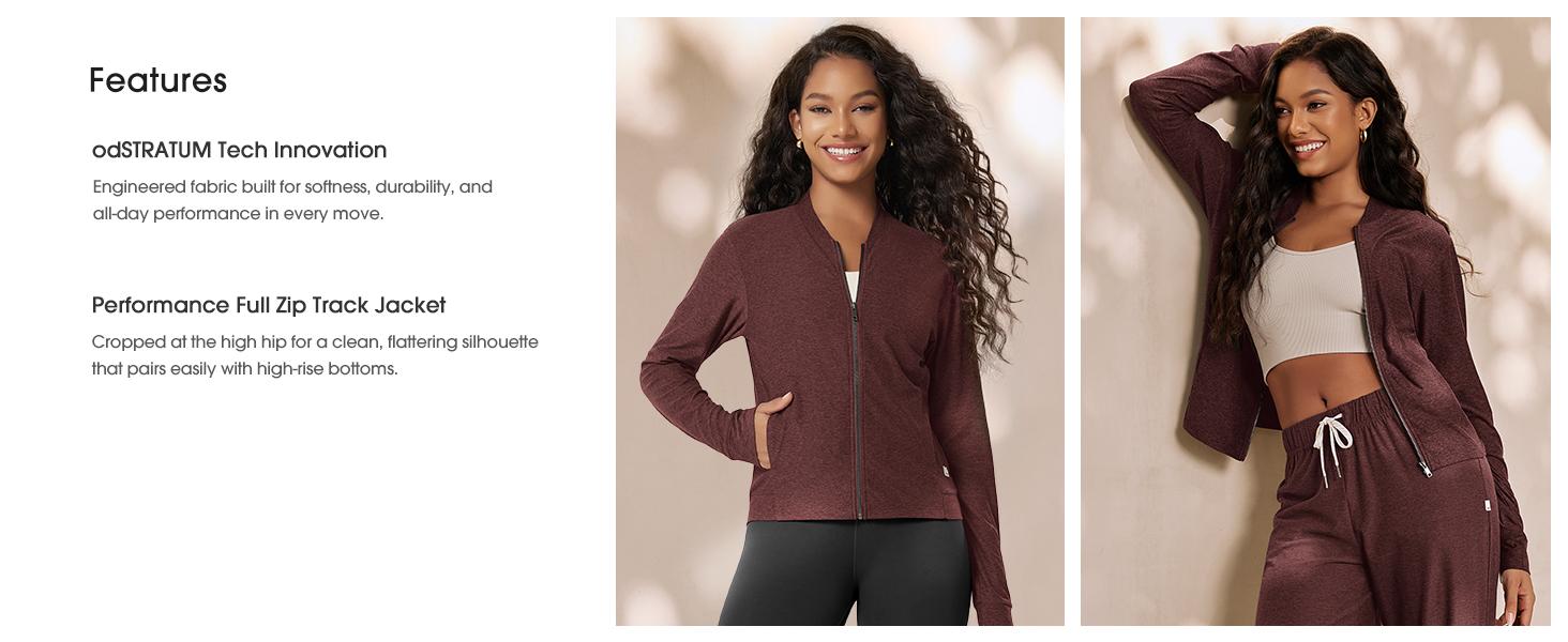 ODODOS Women's Performance Full Zip Track Jacket, Ultra Soft odSTRATUM Tech, UPF 50+ Stand Collar Athletic Top with Pockets