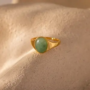 Solace Jade Signet Ring by Caitlyn Minimalist - Green Oval Gemstone Statement Ring in Gold - Jade Jewelry - Graduation Gift