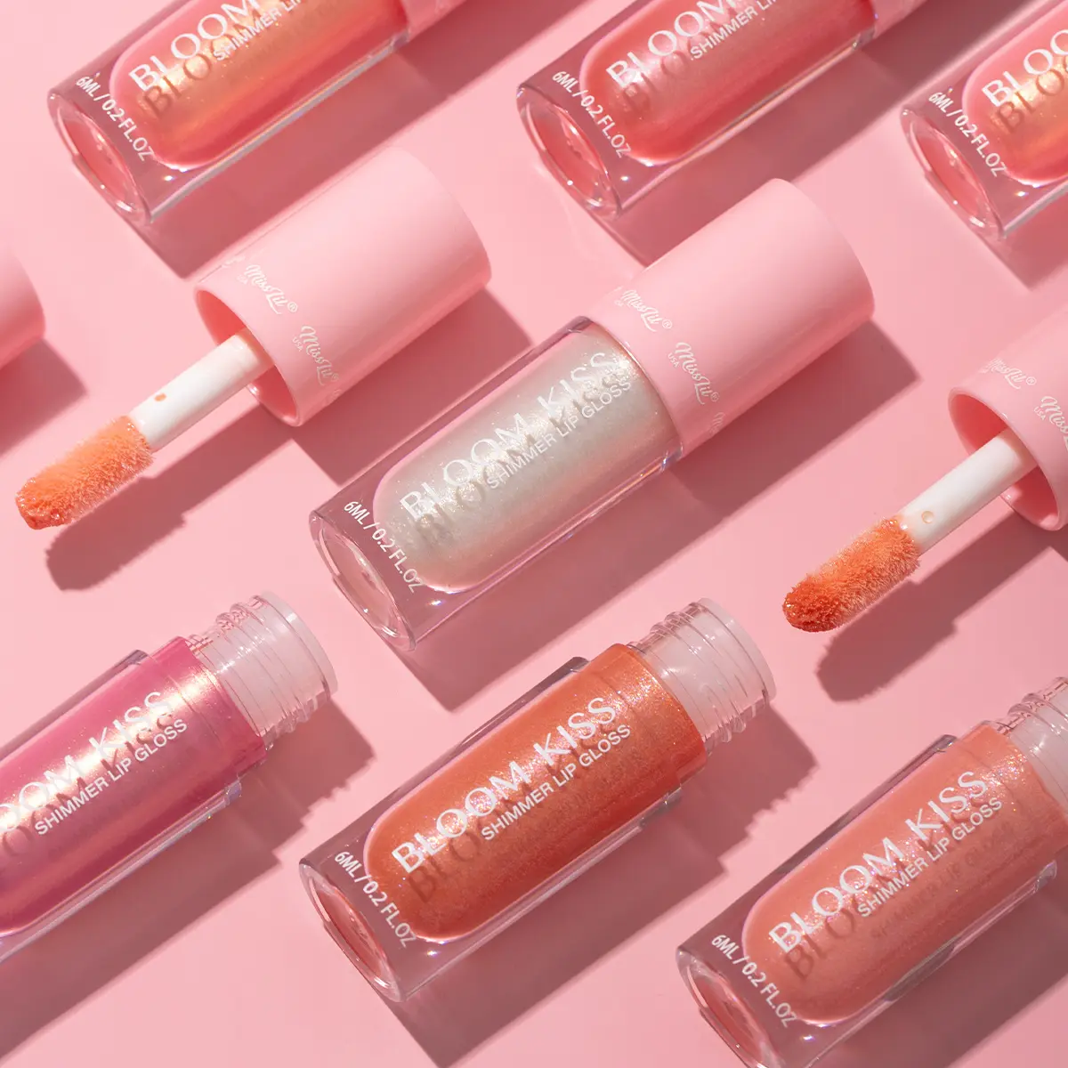 BLOOM KISS Shimmer Lip Gloss Set - 6 Pink Shades, Hydrating Glossy Lipgloss, Radiant Shimmer Makeup, Smooth Non-Sticky Lip Care Cosmetic