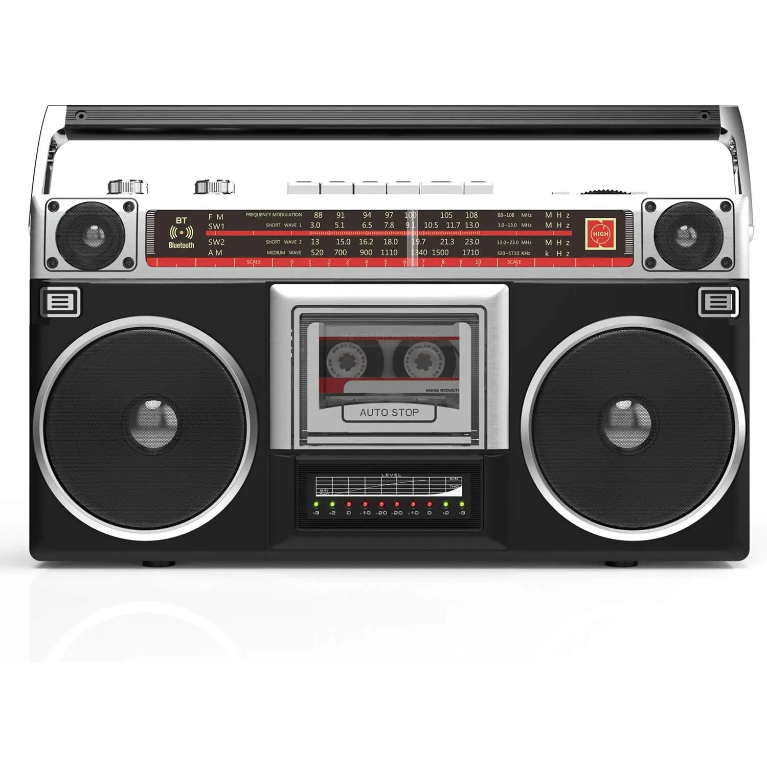 Boombox Radio Cassette Player Recorder, AM/FM -SW1/SW2 Radio,  Streaming, USB/ SD Slots, Aux in, Headphone Jack, Classic 80s Style Retro, Black