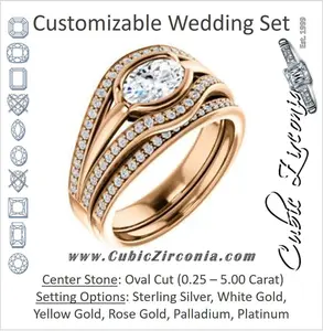 CZ Wedding Set, featuring The Magdalena Oha engagement ring (Customizable Bezel-set Oval Cut Style with Wide Tri-split Pavé Band)