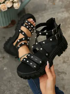 New Summer Punk Style Roman Sandals for Women, Thick Sole Adjustable Strappy Crisscross Cross Strap Back Zipper Platform Shoes, Fashionable PU Leather Footwear, Flatform