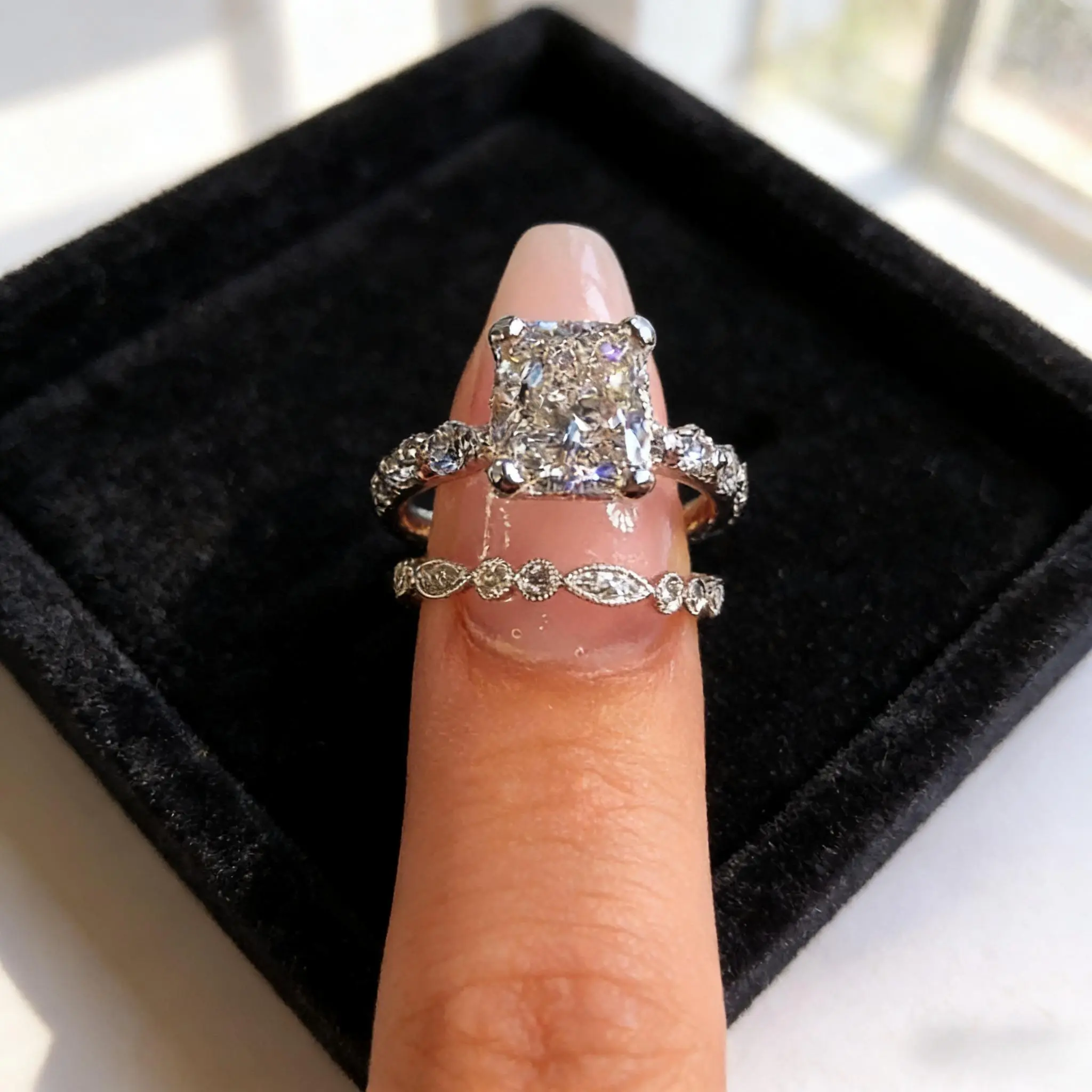 Bridal Ring Set for Women, Tarnish Res. Silver-Plated Square Cut 2-Piece Set with Cubic Zirconia for Engagement & Wedding, Two Piece Set