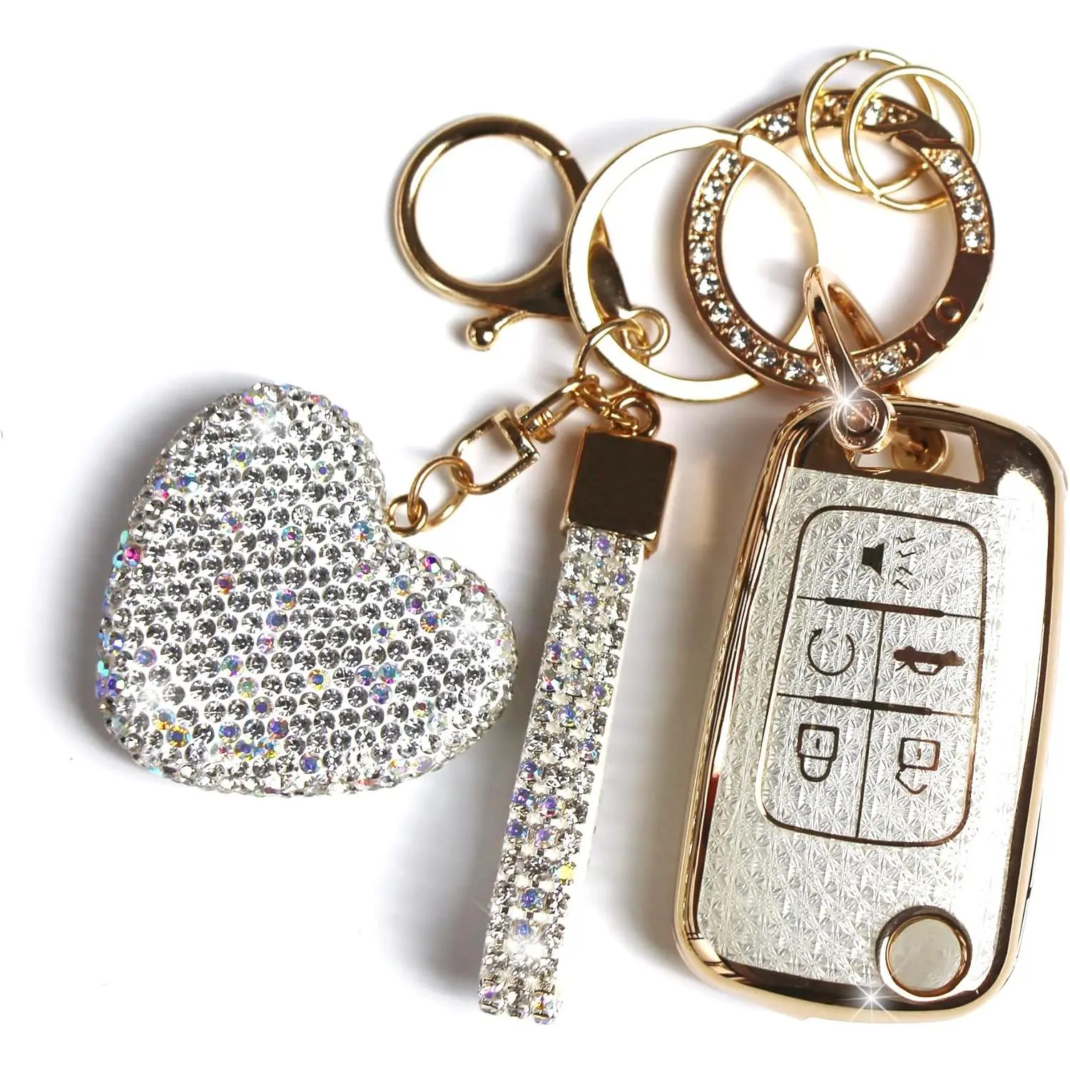 Women's Diamond Keychain Car Key Fob Cover - Automotive Interior Car Accessories, 5-Button Flip Folding Protector Compatible with Chevy Cruze Camaro Malibu Equinox Impala GMC Buick Encore Regal (White-Heart)